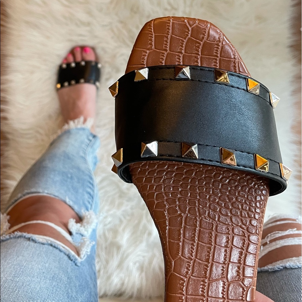 Black Gold Studded Slide Sandals